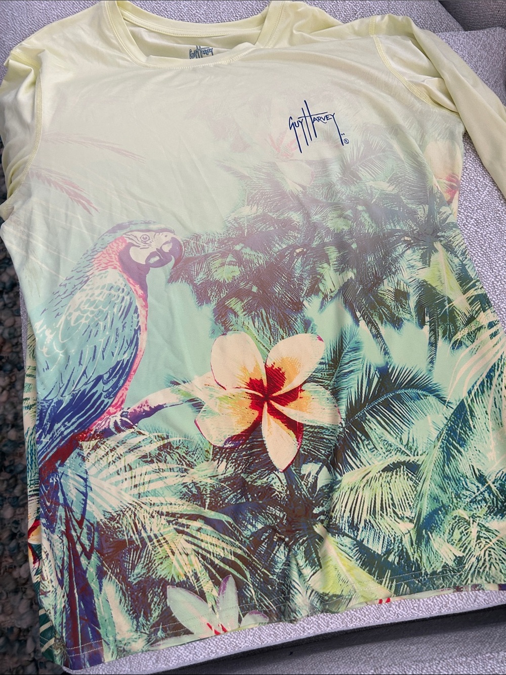 Guy Harvey Tropical Parrot Floral Long Sleeve Top - Yellow/Teal/Blue